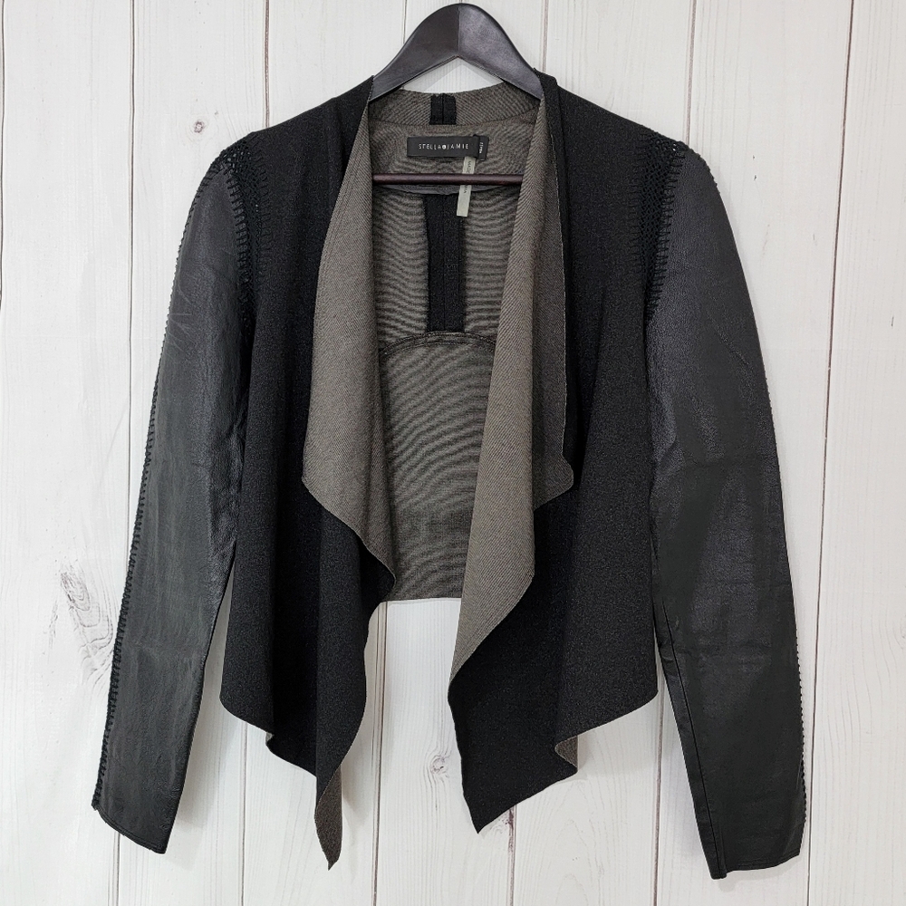 Stella & Jamie Rio Draped Leather Sleeve Cropped Jacket